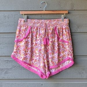 Japna Sleep Pink Ditsy Floral Fringe Pajama Lounge Shorts Pockets Size Large